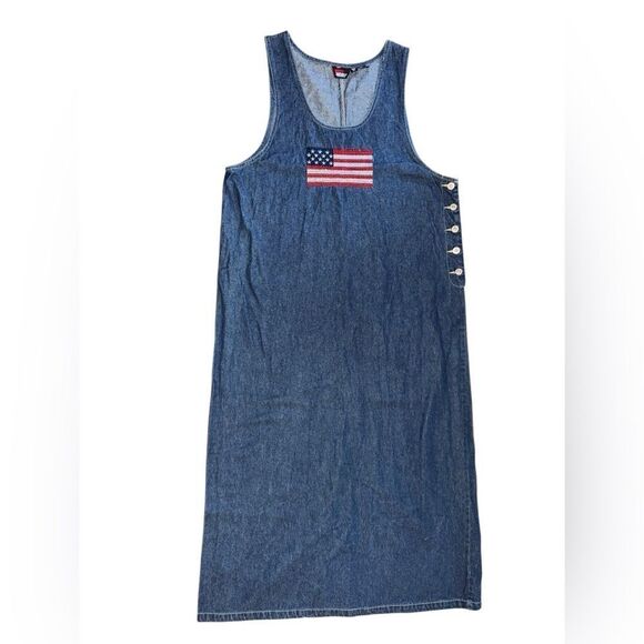 Lindsey Michelle Vintage Blue Denim American Flag Jumper Dress Cotton Size XL - Picture 3 of 6